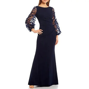 New ELIZA J. Ballon Mesh Applique Floral 3/4 Sleeve Long Sheath Gown Women's 4